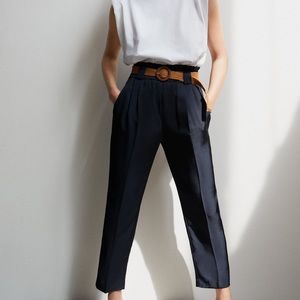 Zara Trousers with Raffia Belt, Black, L